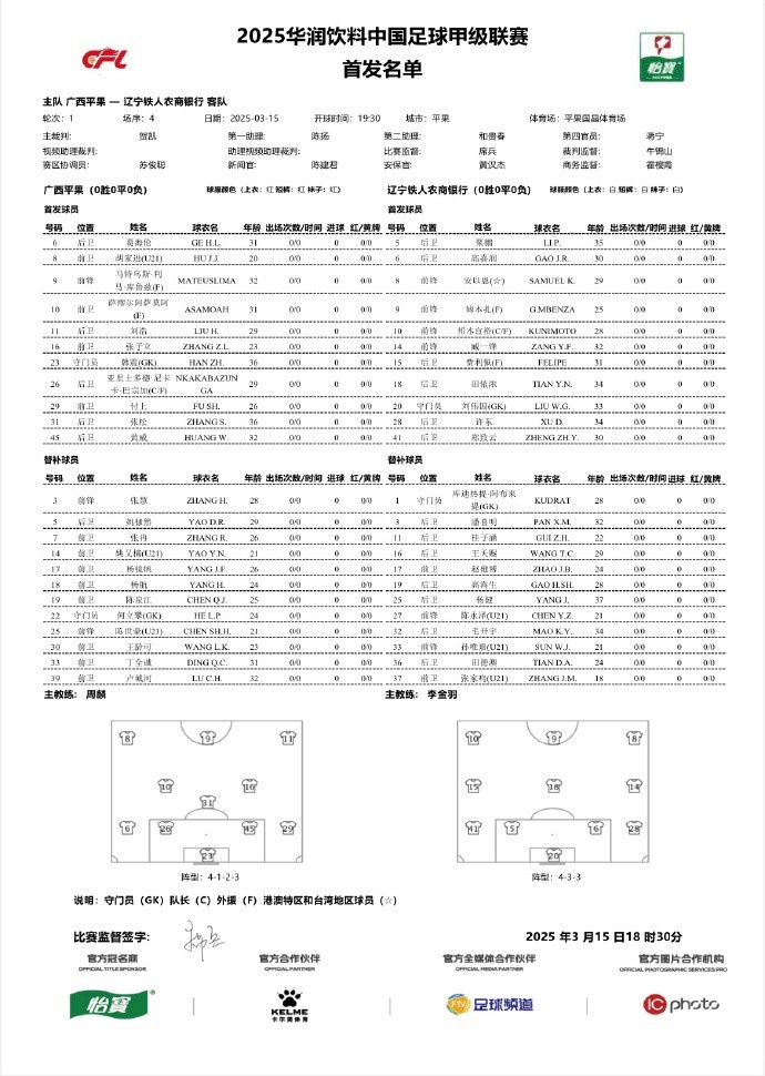 中甲-廣西平果vs遼寧鐵人首發(fā):三外援對(duì)決三外援,安以恩出戰(zhàn)
