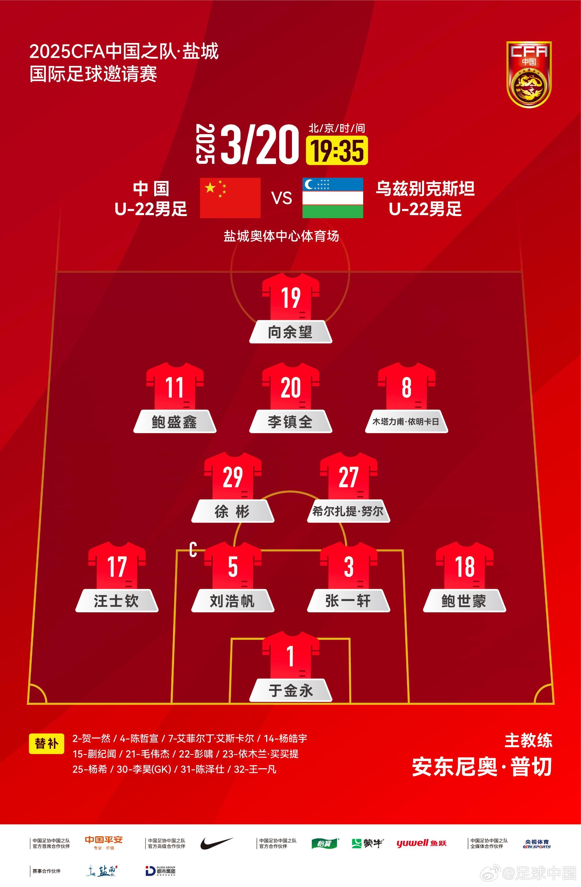 中國U-22男足VS烏茲別克斯坦U-22男足，中國隊(duì)首發(fā)名單出爐