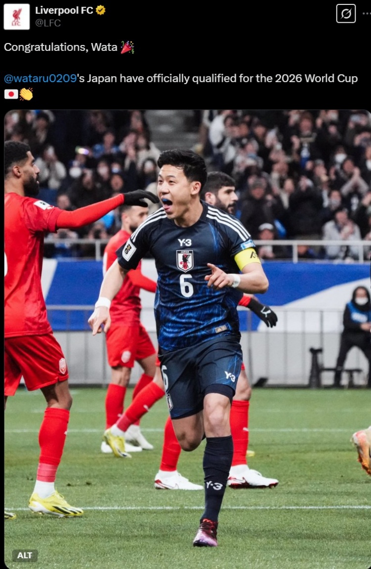 利物浦官推曬遠(yuǎn)藤航照片,祝賀其隨日本隊(duì)提前晉級世界杯